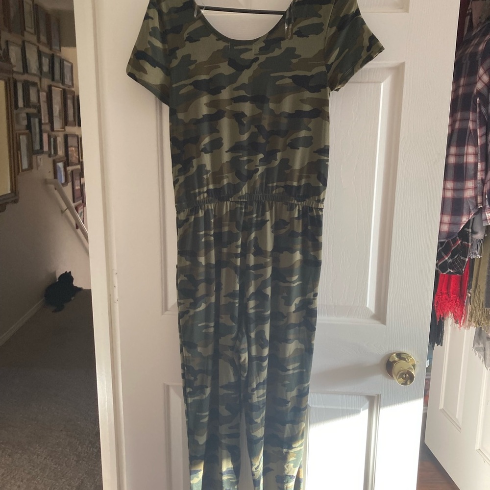 Almost Famous Green and Black Camouflage Jumpsuit